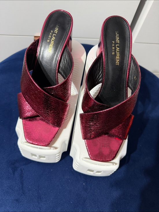 Saint Laurent Shoes - Saint Laurent Metallic Magenta Crisscross Platform Slide